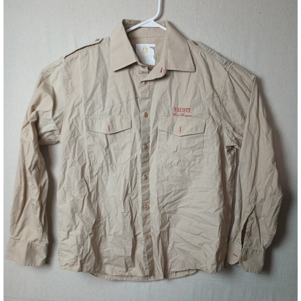 Fausti Fine Shotguns Button Up Shirt Long Sleeve Roll‎ Tab Sleeve Tan Sz Large I